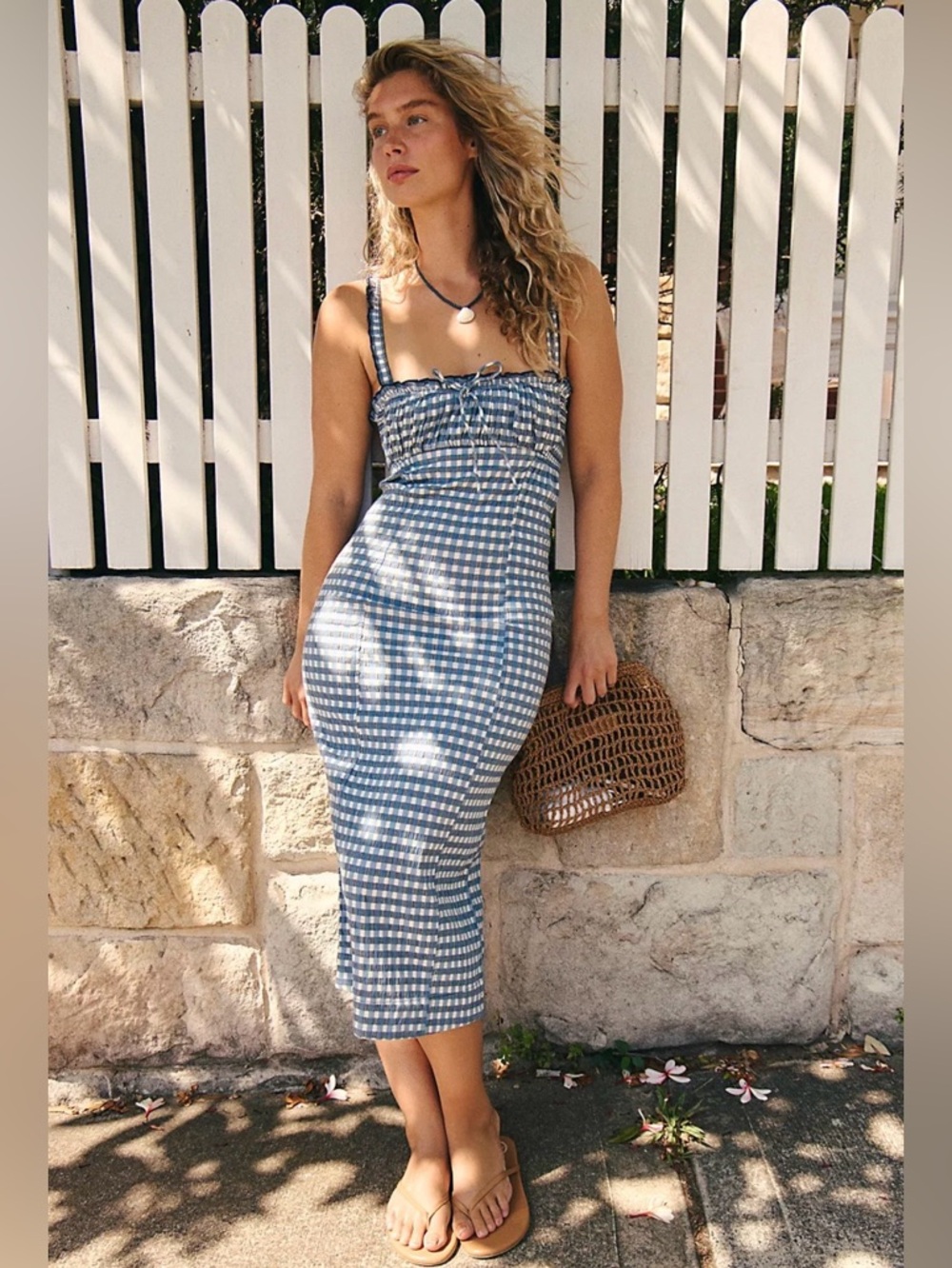FREE PEOPLE Lucinda Midi Blue Gingham Lace-Up Back Dress Preppy Summer MEDIUM